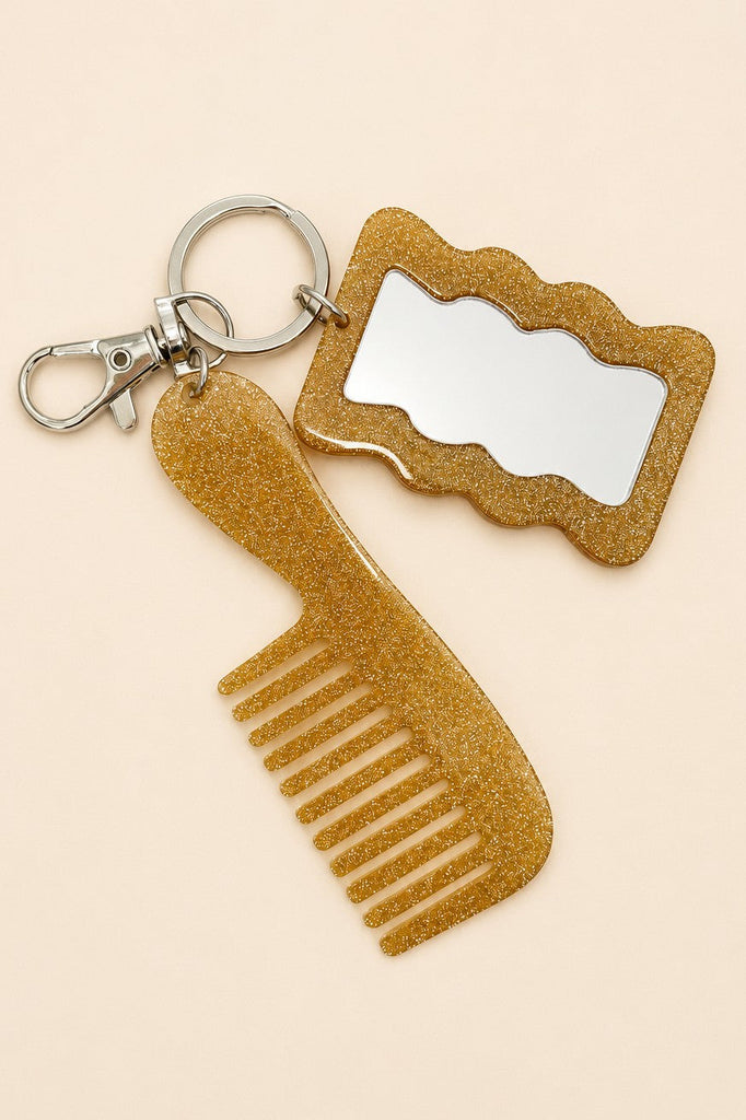 GLITTER HAIR COMB MIRROR BAG CHARM KEY CHAIN | 40KC189