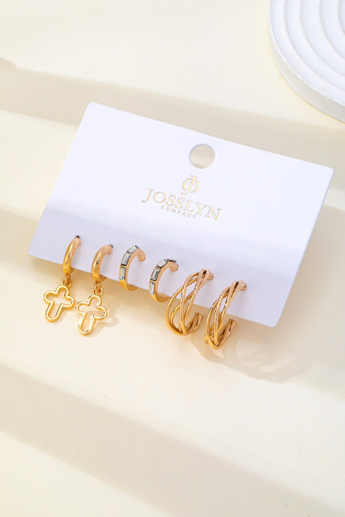Gold-Tone Cross Baguette Huggie Hoop Earring Trio Set | 80E62865