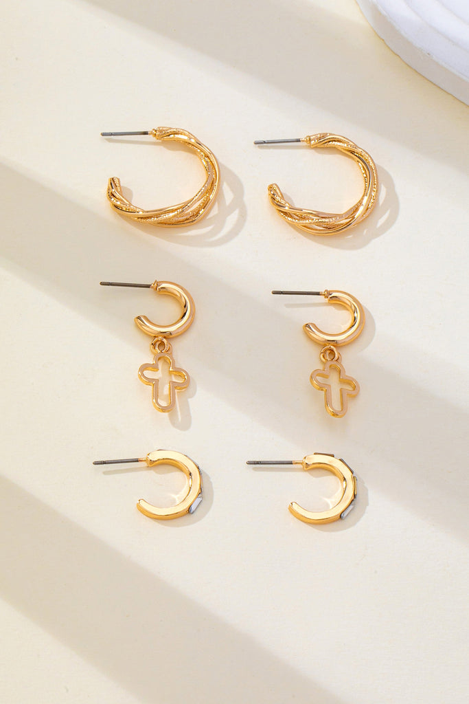 Gold-Tone Cross Baguette Huggie Hoop Earring Trio Set | 80E62865