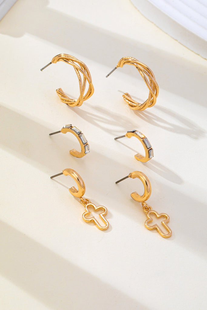 Gold-Tone Cross Baguette Huggie Hoop Earring Trio Set | 80E62865