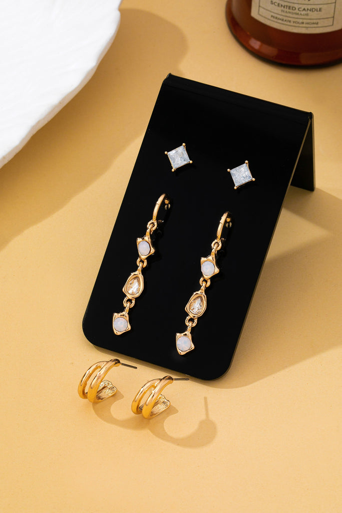 White Opal Crystal Huggie Earring Trio Set | 80E62868