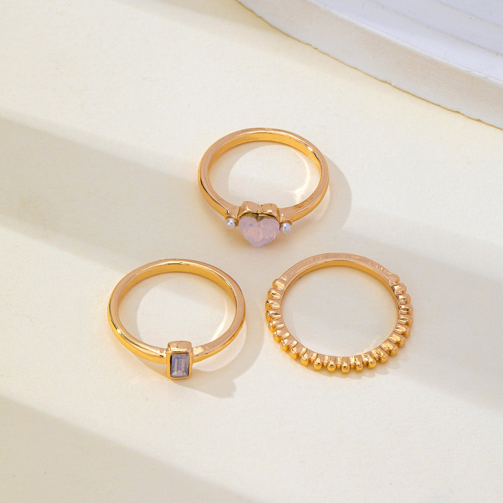 Milky Pink Opal Baguette Heart 3-Piece Ring Set | 80R300