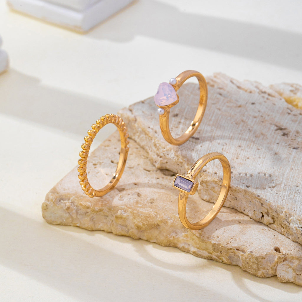 Milky Pink Opal Baguette Heart 3-Piece Ring Set | 80R300