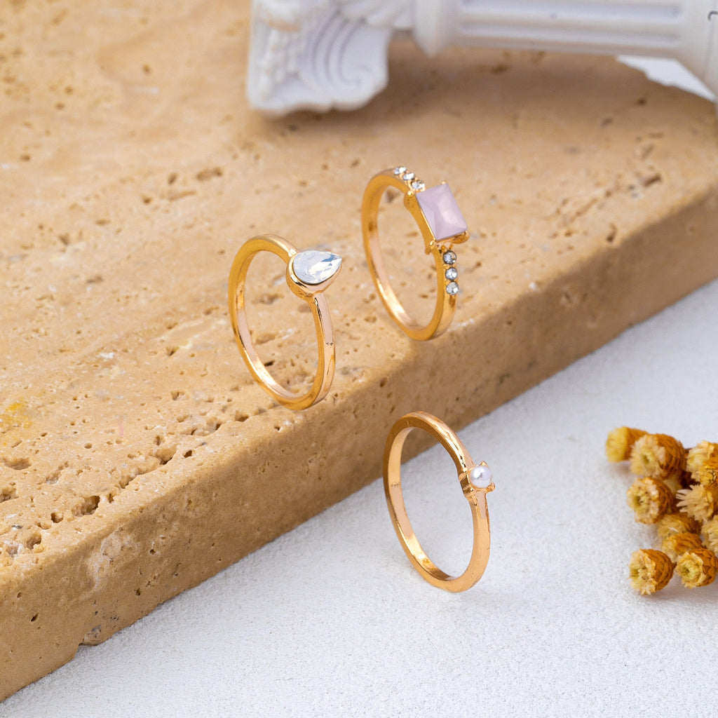 Milky Pink Opal Baguette Teardrop 3-piece Ring Set | 80R301