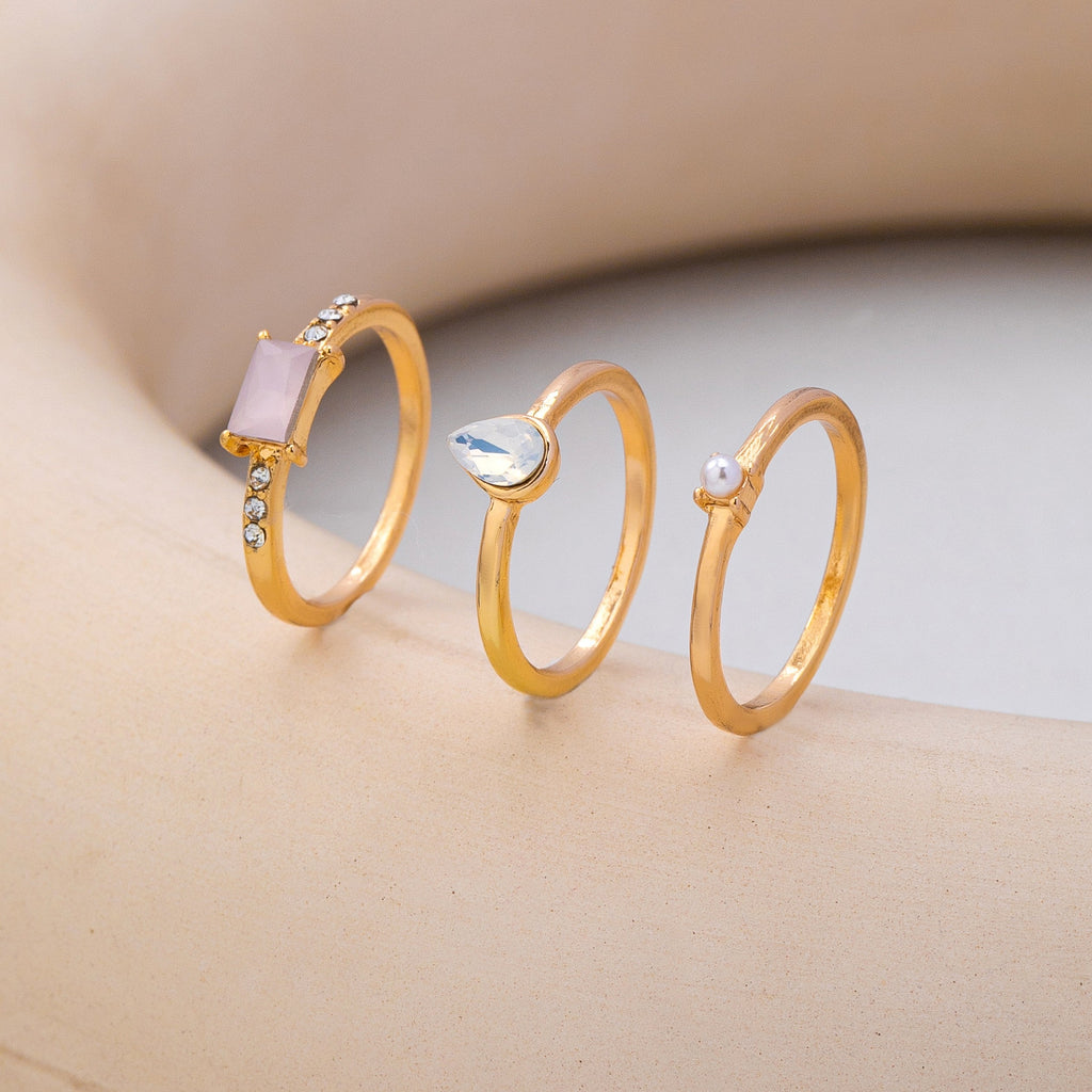 Milky Pink Opal Baguette Teardrop 3-piece Ring Set | 80R301