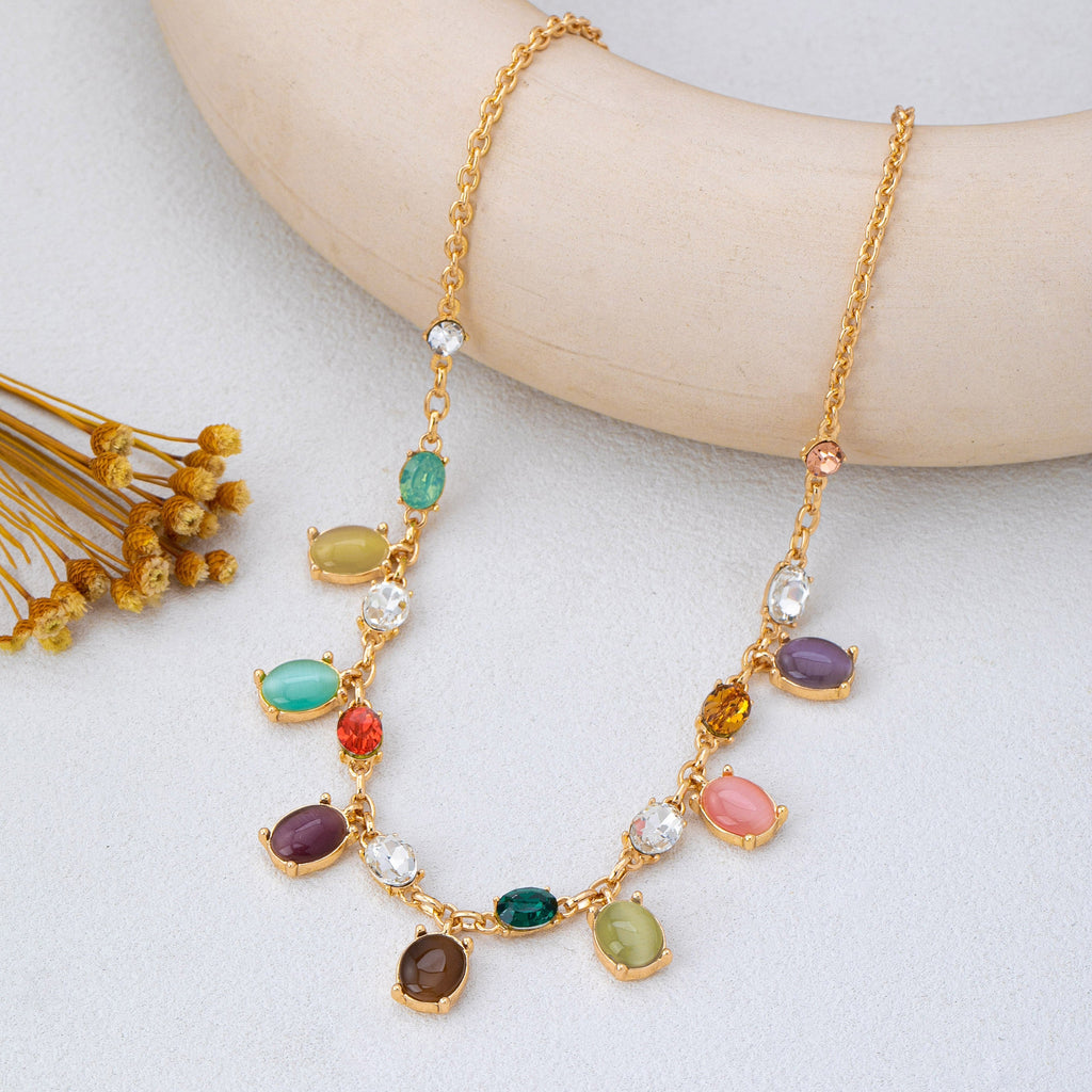Multi-Color Oval Cat's Eye & Crystal Necklace | 80N93581
