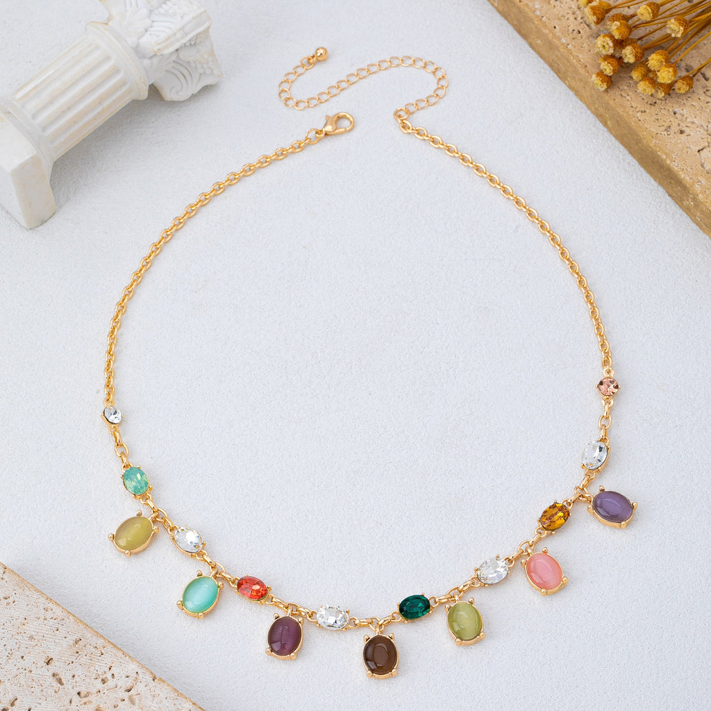 Multi-Color Oval Cat's Eye & Crystal Necklace | 80N93581