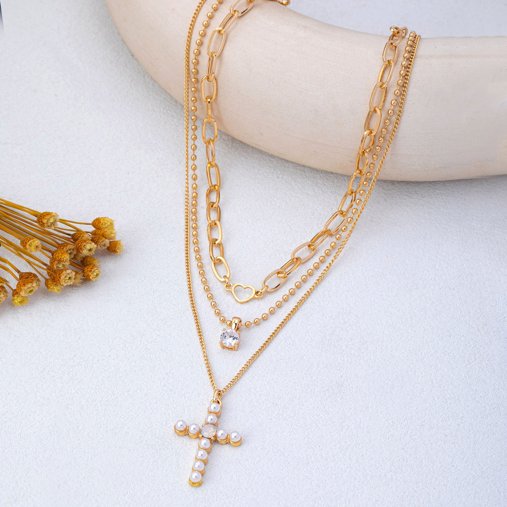 Multi-Layered Pearl Cross Rhinestone Necklace | 80N93577