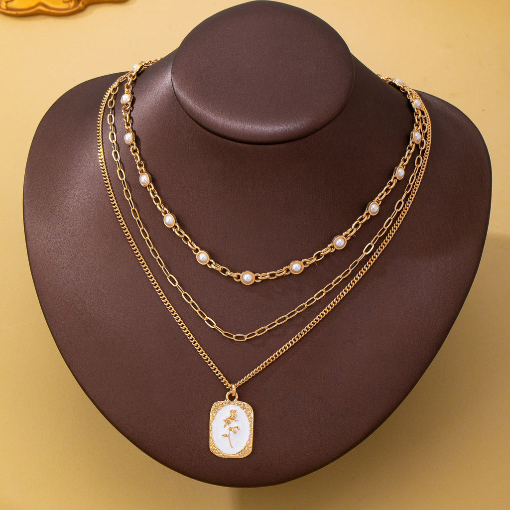 Layered Enamel Pearl & Rose Tag Pendant Necklace | 80N93573