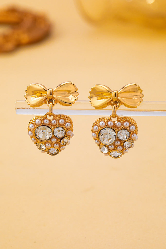 Romantic Crystal Pearl Bow Dangle Earrings | 80E62995