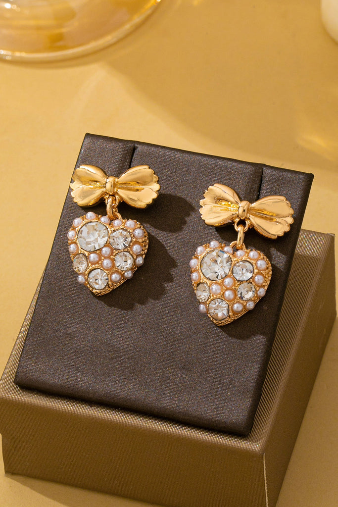 Romantic Crystal Pearl Bow Dangle Earrings | 80E62995