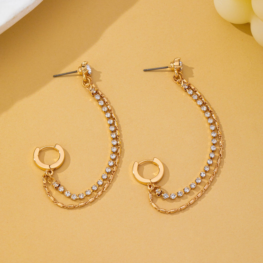 Rhinestone & Gold Double Chain Drapes Drop Earrings|80E63021