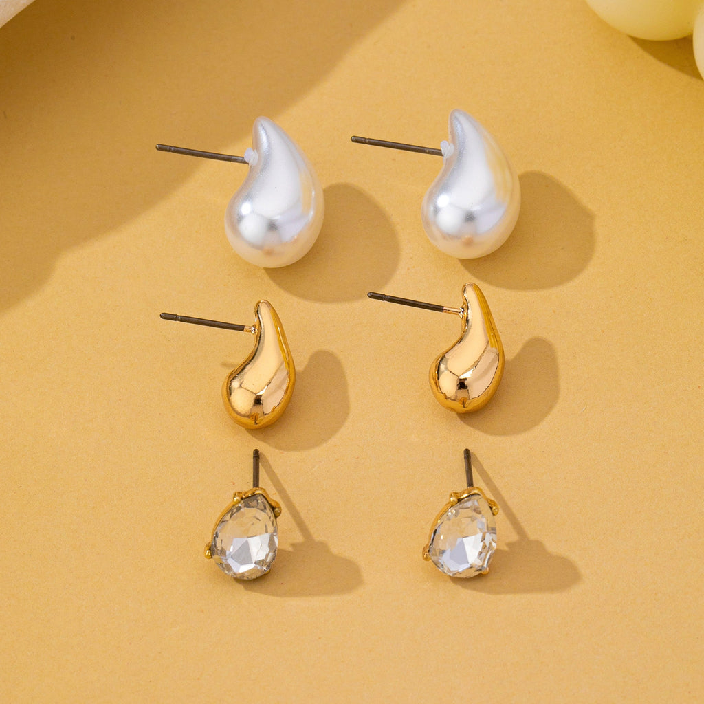 Teardrop Crystal Gold Pearl Trio Stud Earring Set | 80E63015