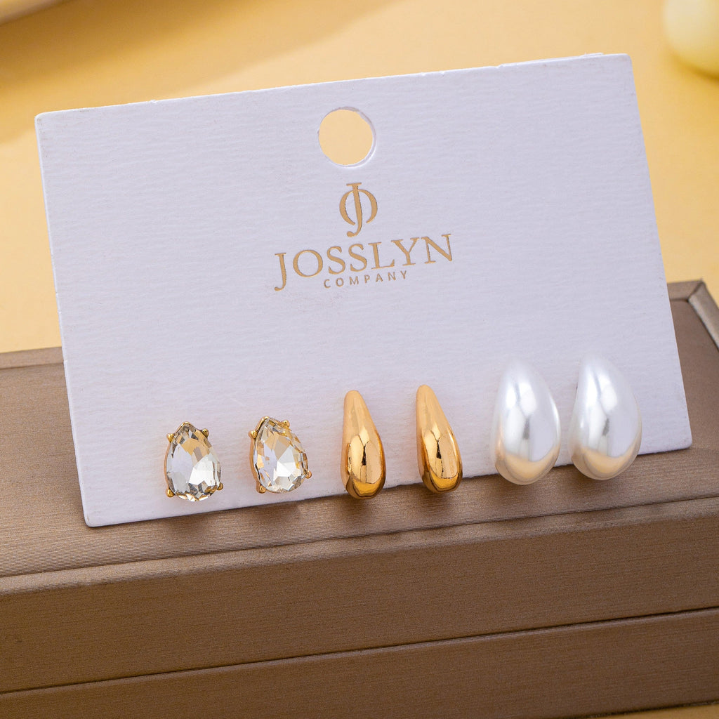 Teardrop Crystal Gold Pearl Trio Stud Earring Set | 80E63015