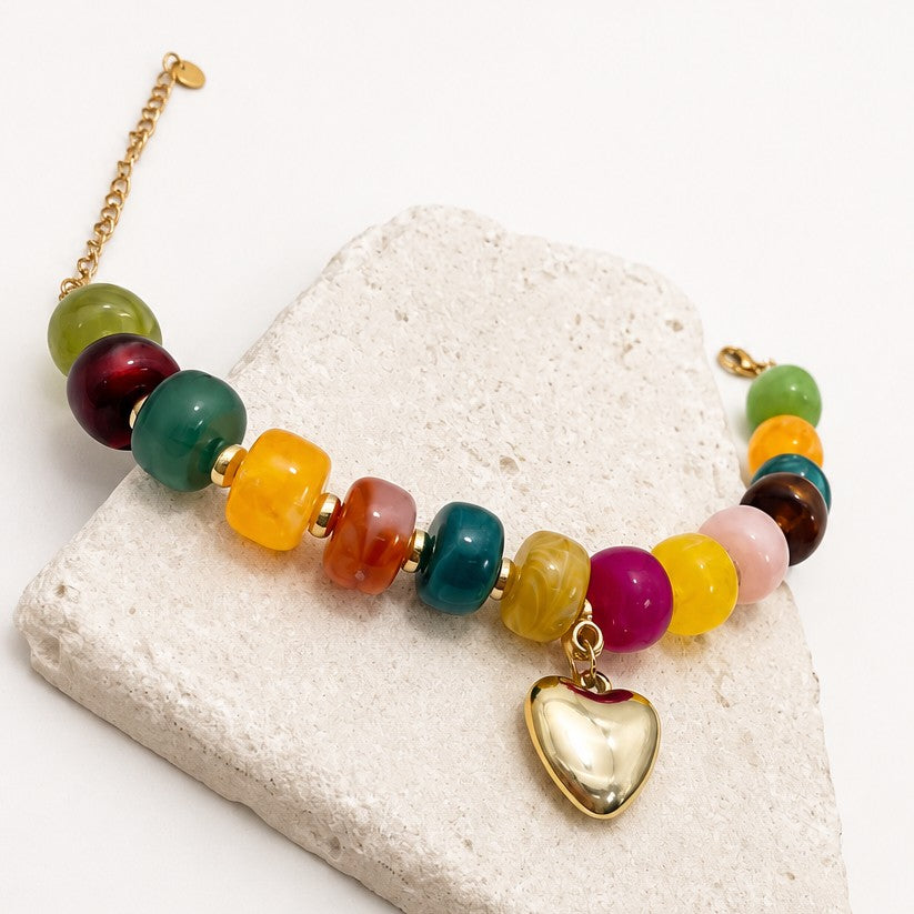 Colorful Resin Beaded Heart Charm Bracelet | 40B5273