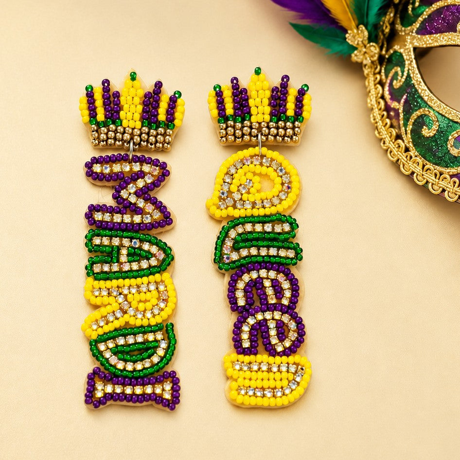 Mardi Queen Seed Beaded Dangle Earrings | 40E557
