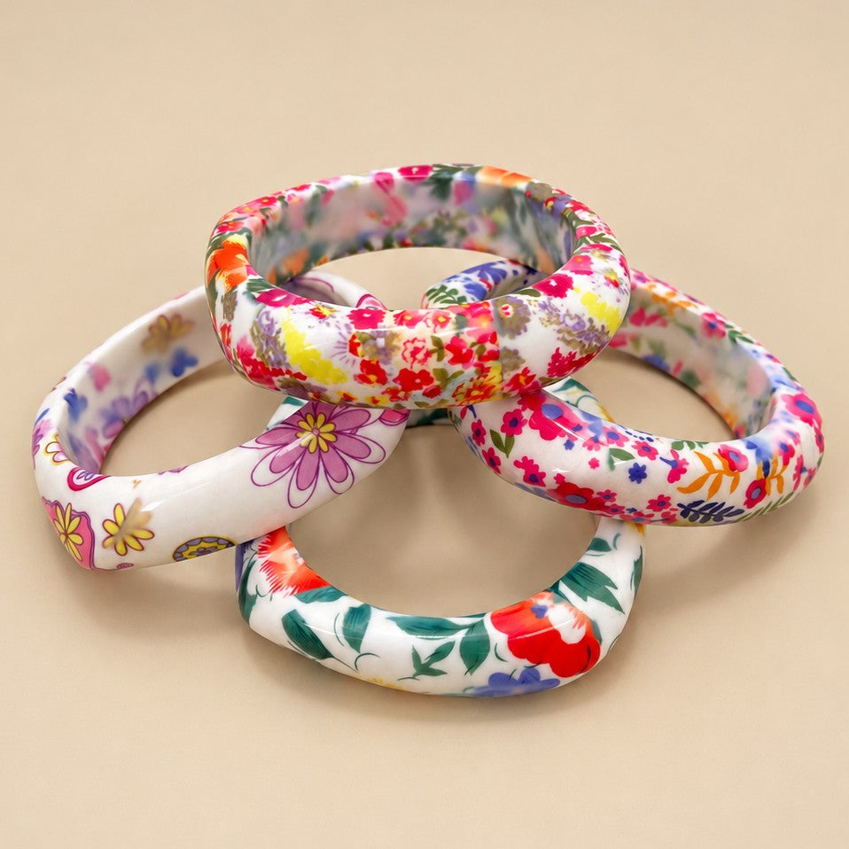 Floral Print Chunky Domed Resin Bangle Bracelet | 40B5279