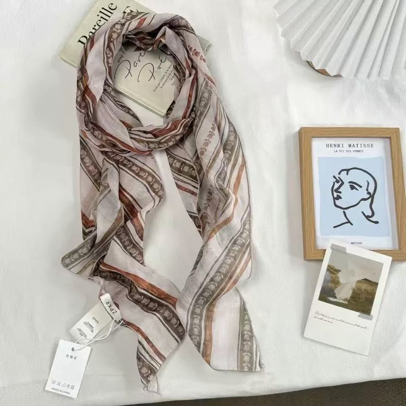 Sheer Floral & Stripe Printed Long Scarf | 40SC741