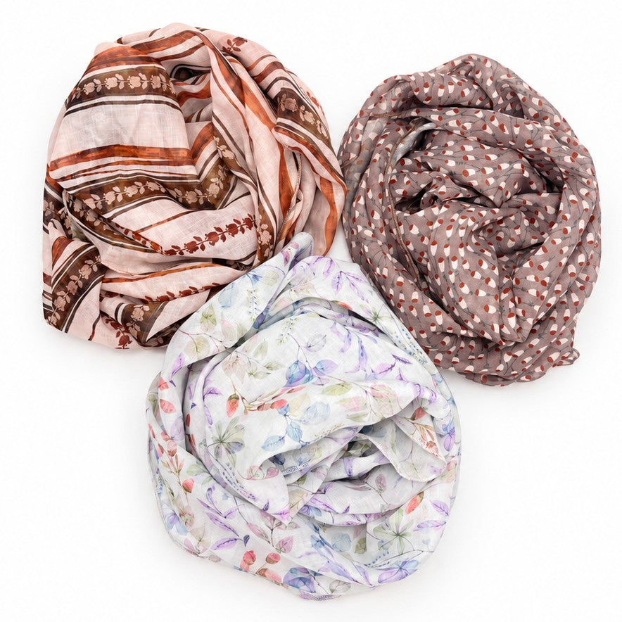Sheer Floral & Stripe Printed Long Scarf | 40SC741