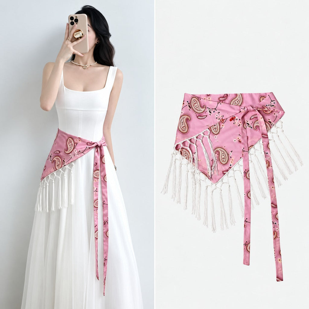 Paisley Print Fringe Triangle Hip Scarf Belt | 40SC752