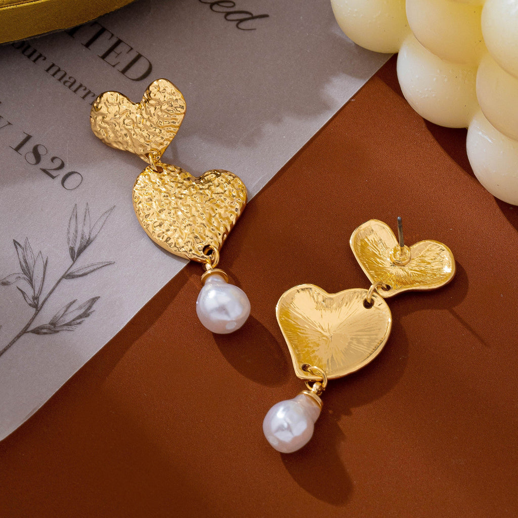 Textured Double Heart Pearl Drop Earrings | 80E63501