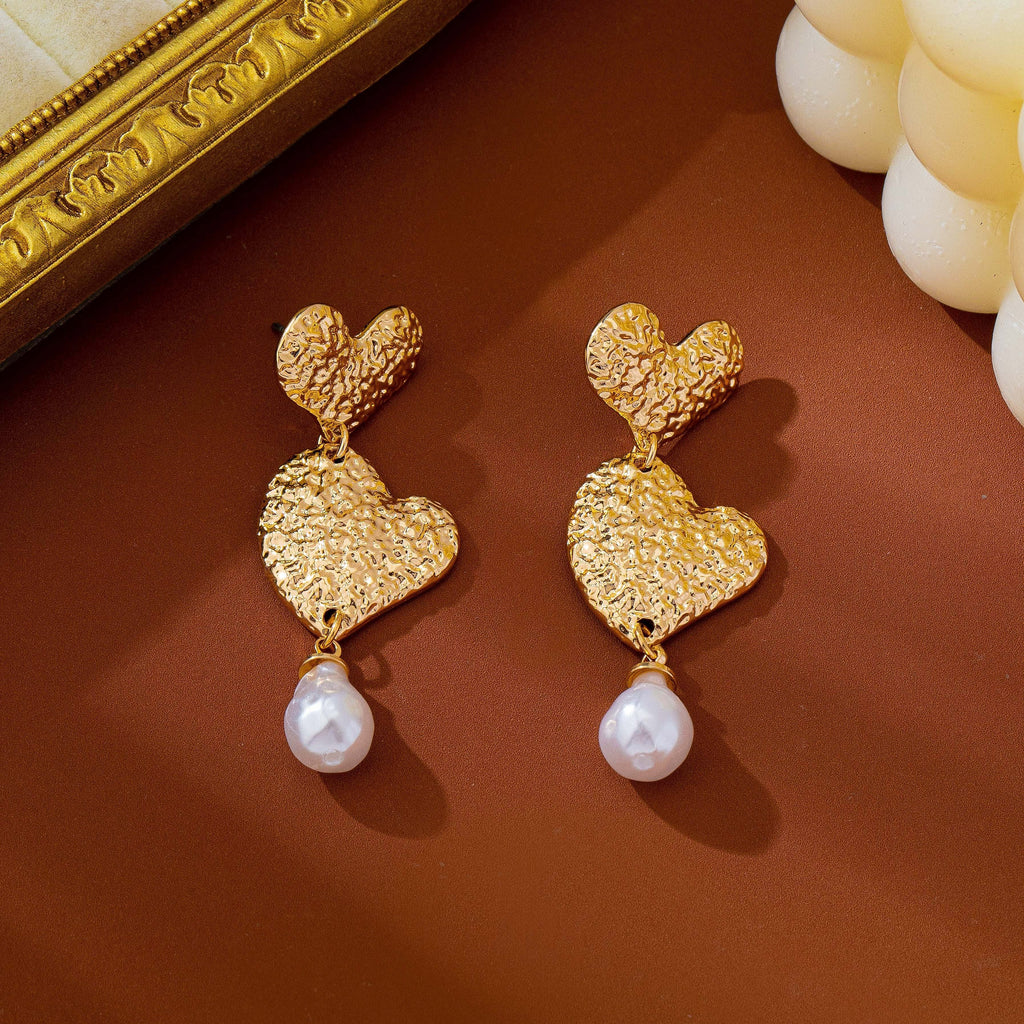 Textured Double Heart Pearl Drop Earrings | 80E63501