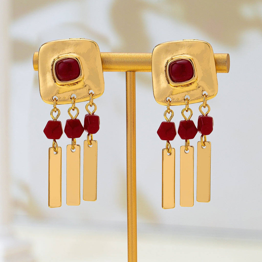 Burgundy Beaded Geometric Bar Drop Earrings | 80E63518