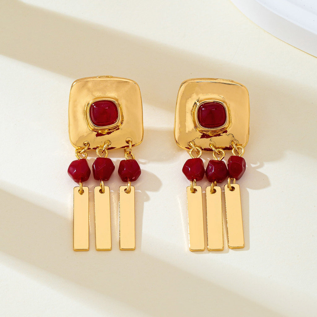 Burgundy Beaded Geometric Bar Drop Earrings | 80E63518