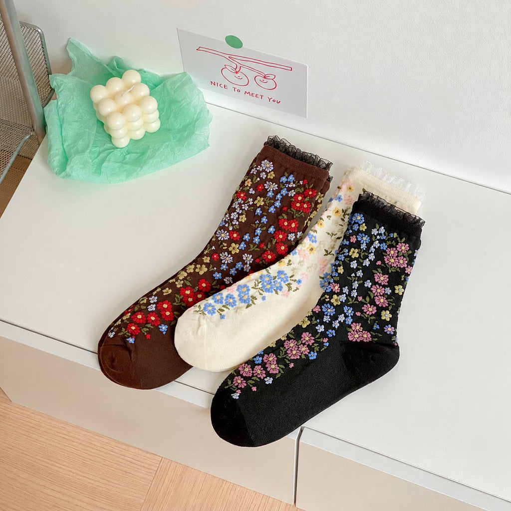 FLORAL PRINT SHEER MESH CREW SOCKS | 40S02097