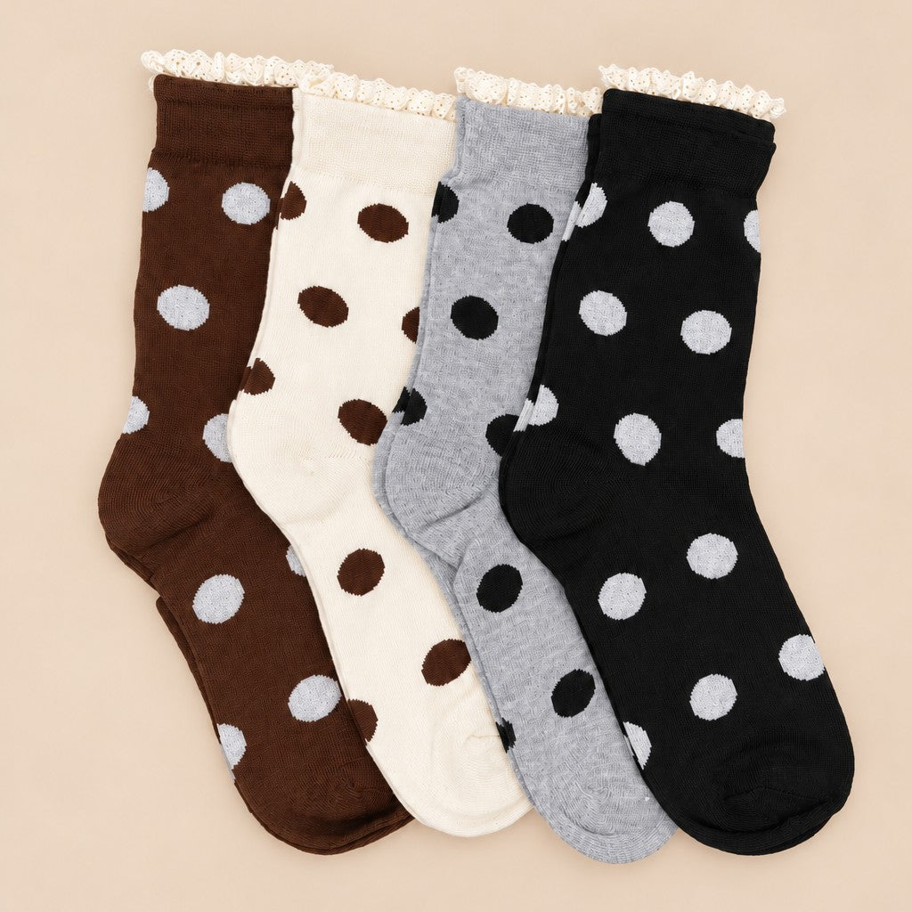Polka Dot Lace Ruffle Trim Crew Socks | 40S02100