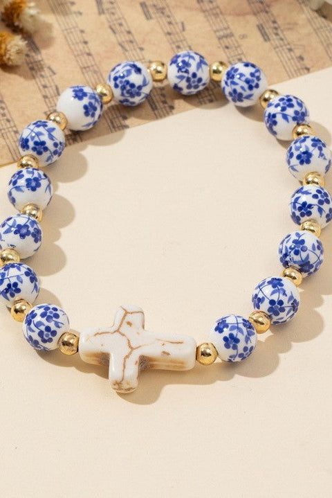 BLUE CERAMIC PORCELAIN CROSS CHARM BRACELET | 40B5175