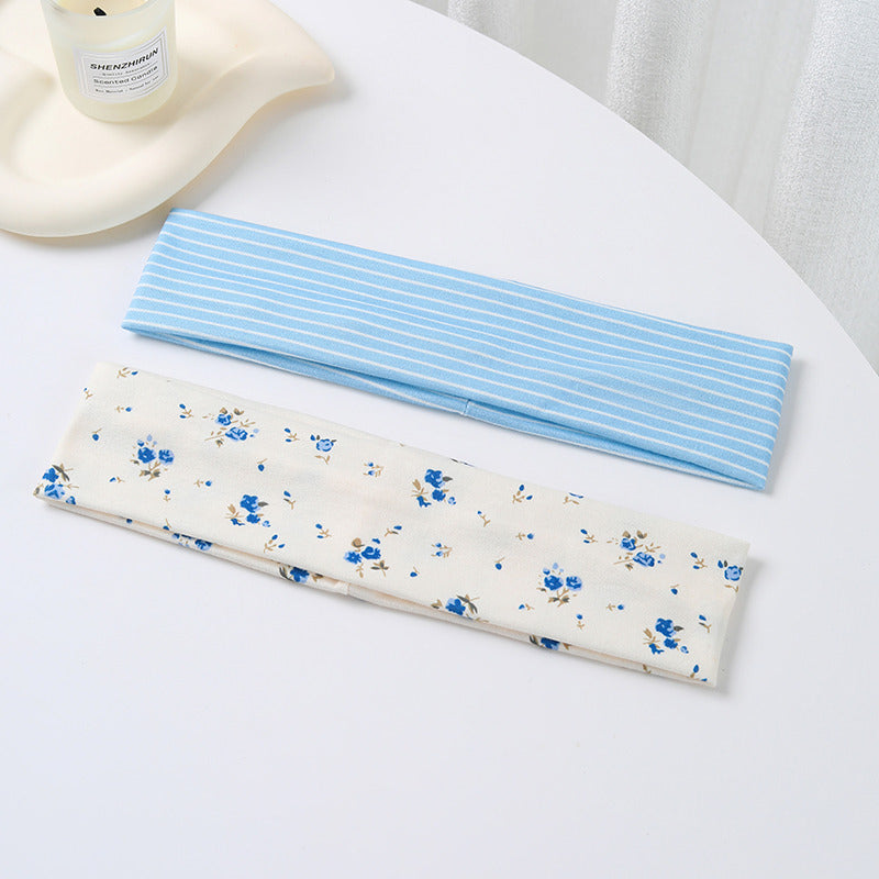 Blue Stripe & Vintage Floral Printed Headband Set | 40HWP602-Pack 2