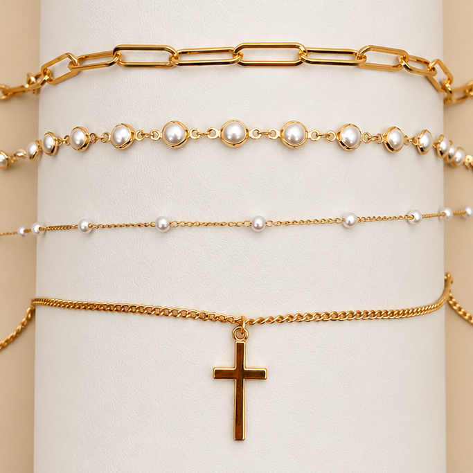 Layered Gold & Pearl Cross Statement Necklace Set | 40NK9673