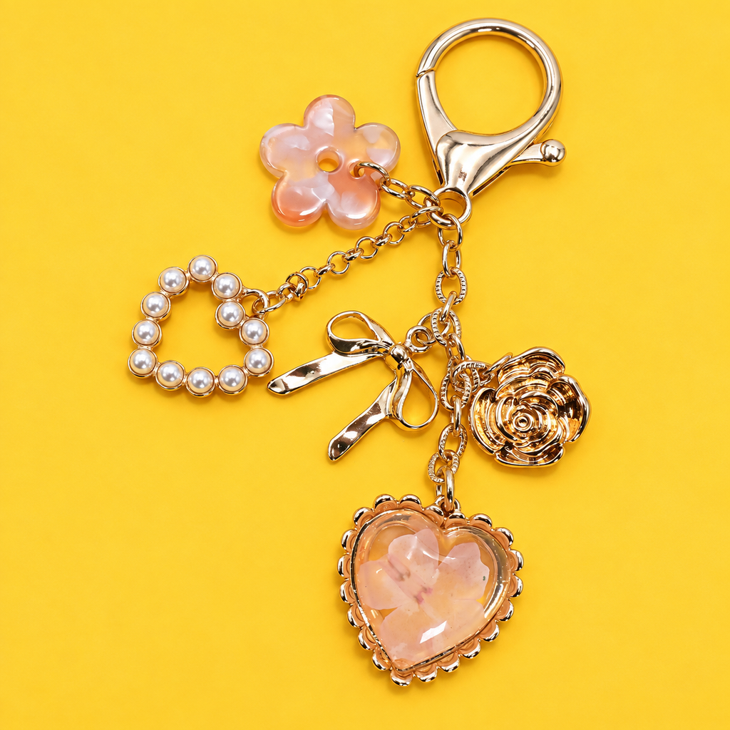 BAG CHARM- PRESSED FLOWER BOW PEARL HEART CHARMS | 80K026