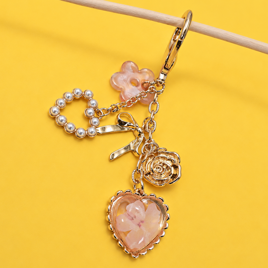 BAG CHARM- PRESSED FLOWER BOW PEARL HEART CHARMS | 80K026
