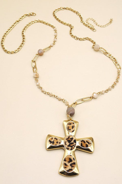 LONG CROSS LEOPARD BEADED NECKLACE | 51N1093007