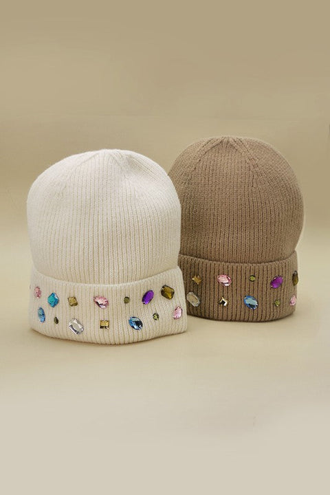 JEWELED COLOR STONE EMBELLISHMENT BEANIE | 40BN906