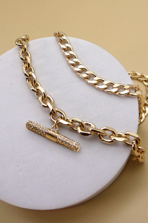 RHINESTONE BAR CHUNKY CHAIN DOUBLE LAYER NECKLACE | 71N220950