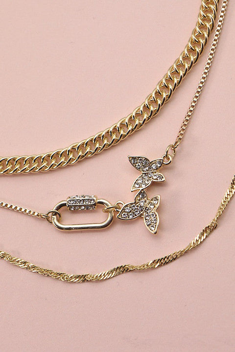 RHINESTONE BUTTERFLY LOCK MULTI CHAIN NECKLACE | 52N2110949