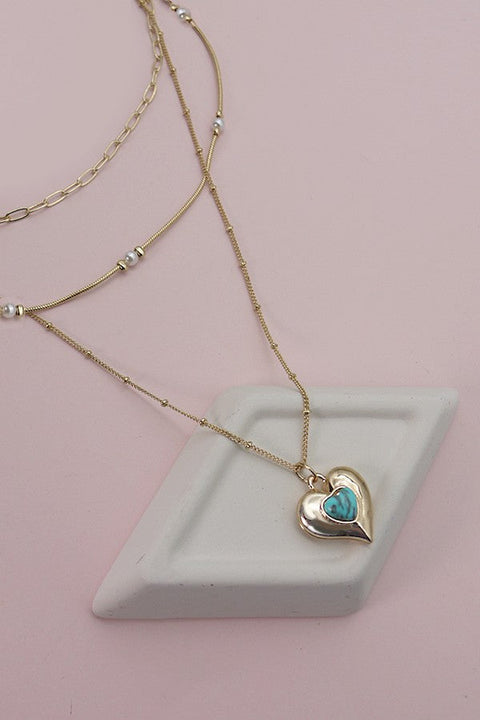 TURQ HEART PEARL STATION MULTI NECKLACE | 25N625