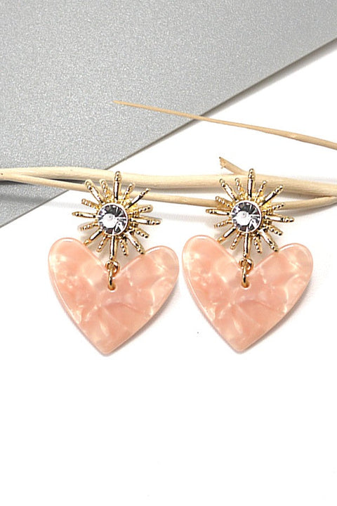 RHINESTONE STAR BURST ACRYLIC HEART DROP EARRINGS | 80E271