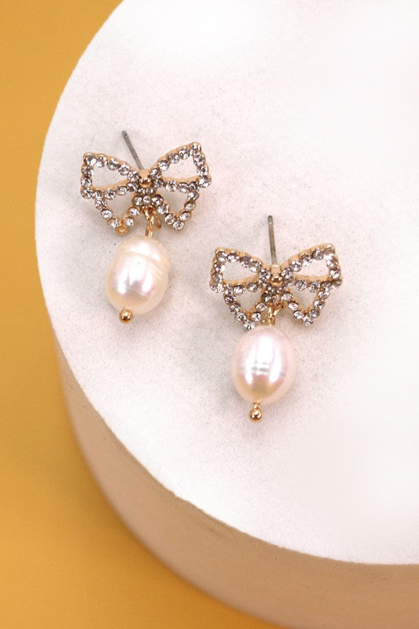 RHINESTONE BOW PEARL DROP EARRINGS | 10E3063029