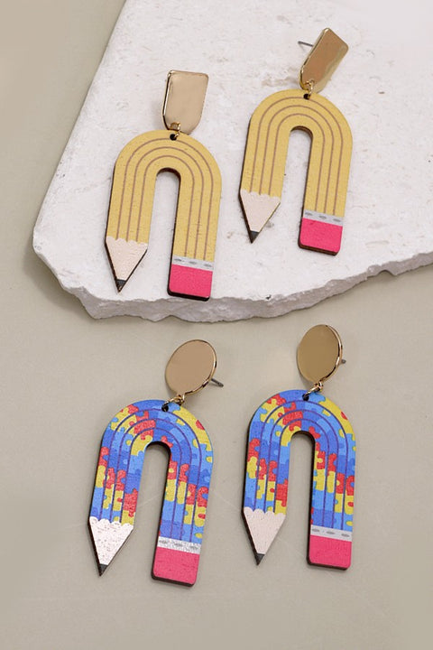 U SHAPE PENCIL WOOD DROP EARRING | 31E24039