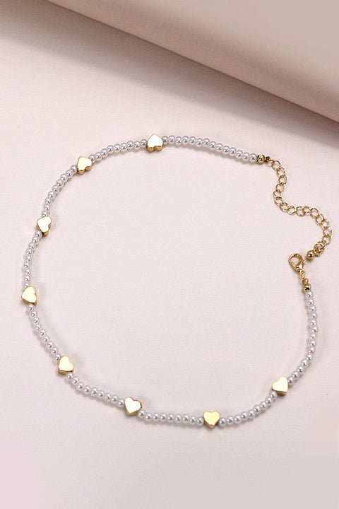 GOLD HEART STATION PEARL BEAD CHAIN NECKALCE | 80N490