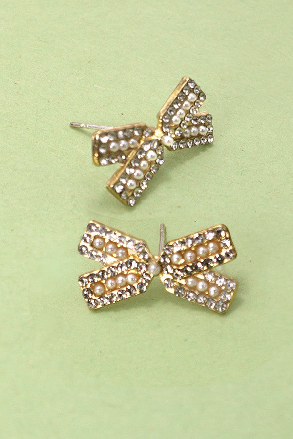 RHINESTONE PEARL BOW RIBBON STUD EARRINGS | 80E2979