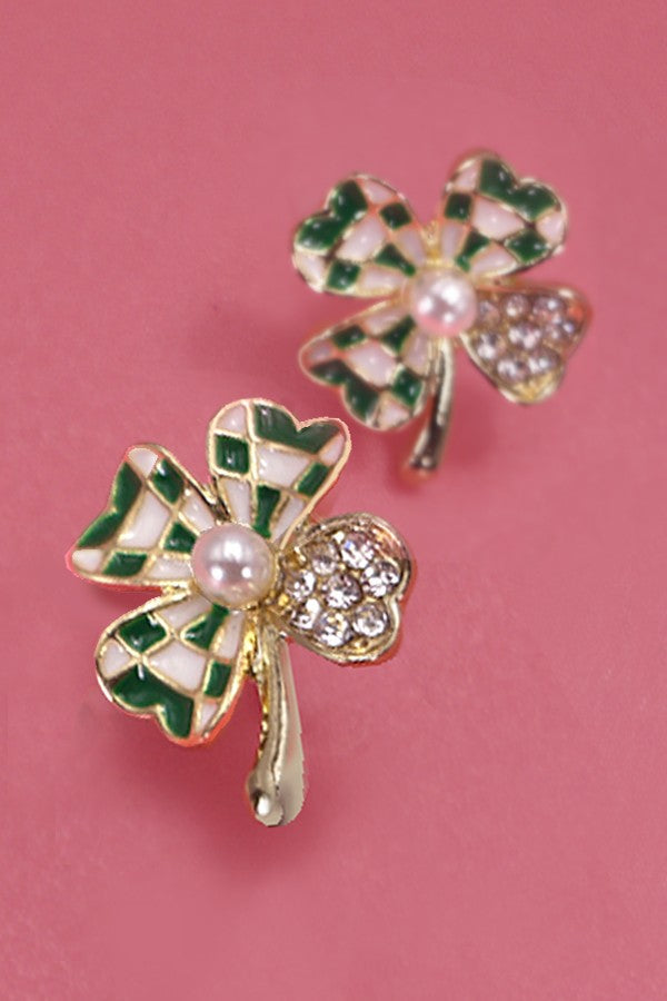 RHINESTONE CHECKER CLOVER EARRINGS | 80E3252