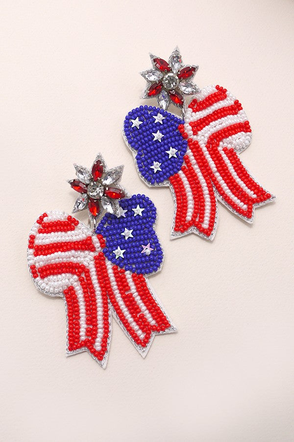 4TH OF JULY SEEDBEAD BOW FLAG DROP EARRINGS | 91E084237