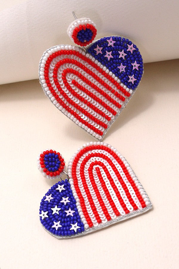 4TH OF JULY HEART FLAG SEED BEAD EARRING | 91E082973