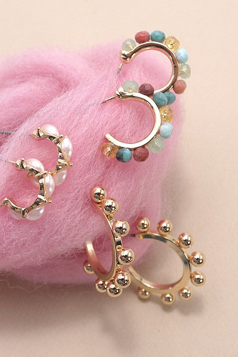 PEARL NATURAL BEAD BALL STUD TRIO HOOP EARRINGS | 80E3837