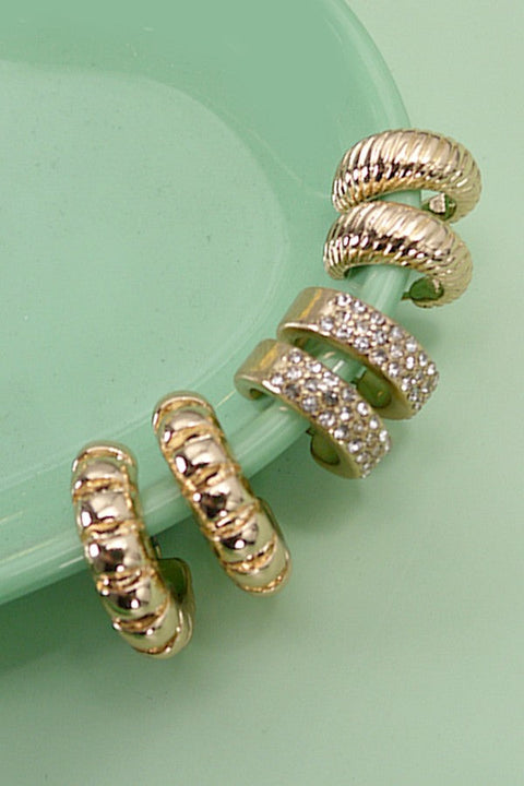 TRIO RHINESTONE TEXTURED HUGGIE HOOP EARRINGS | 80E5014